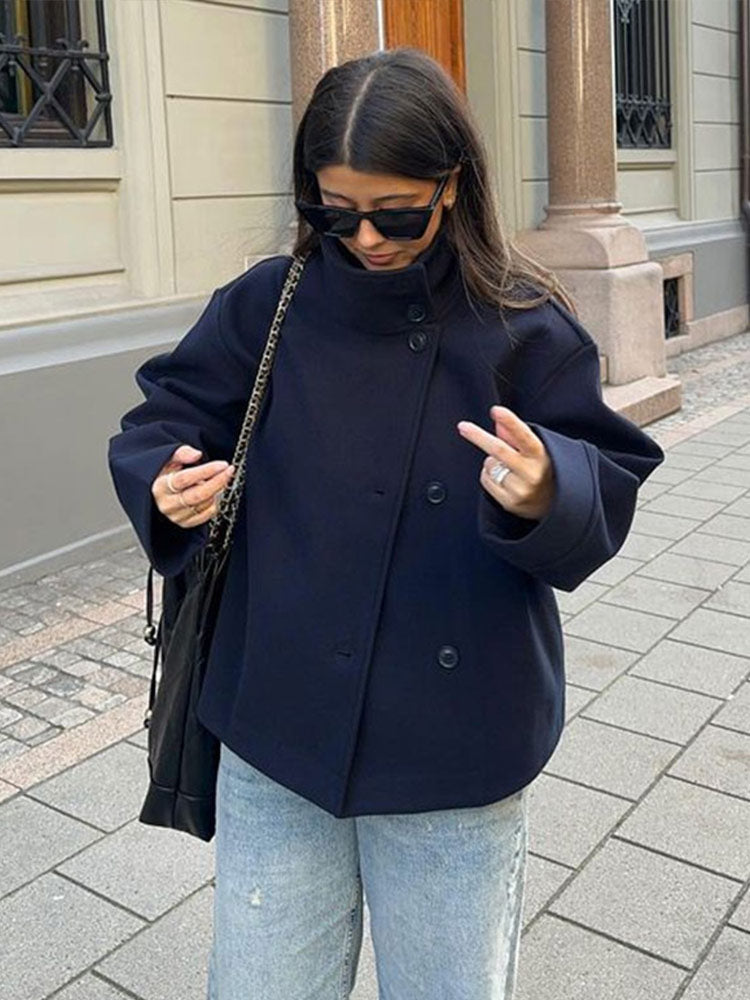 Women's Stylish Short Coat with Double Buttons-Metro Lane Plaza