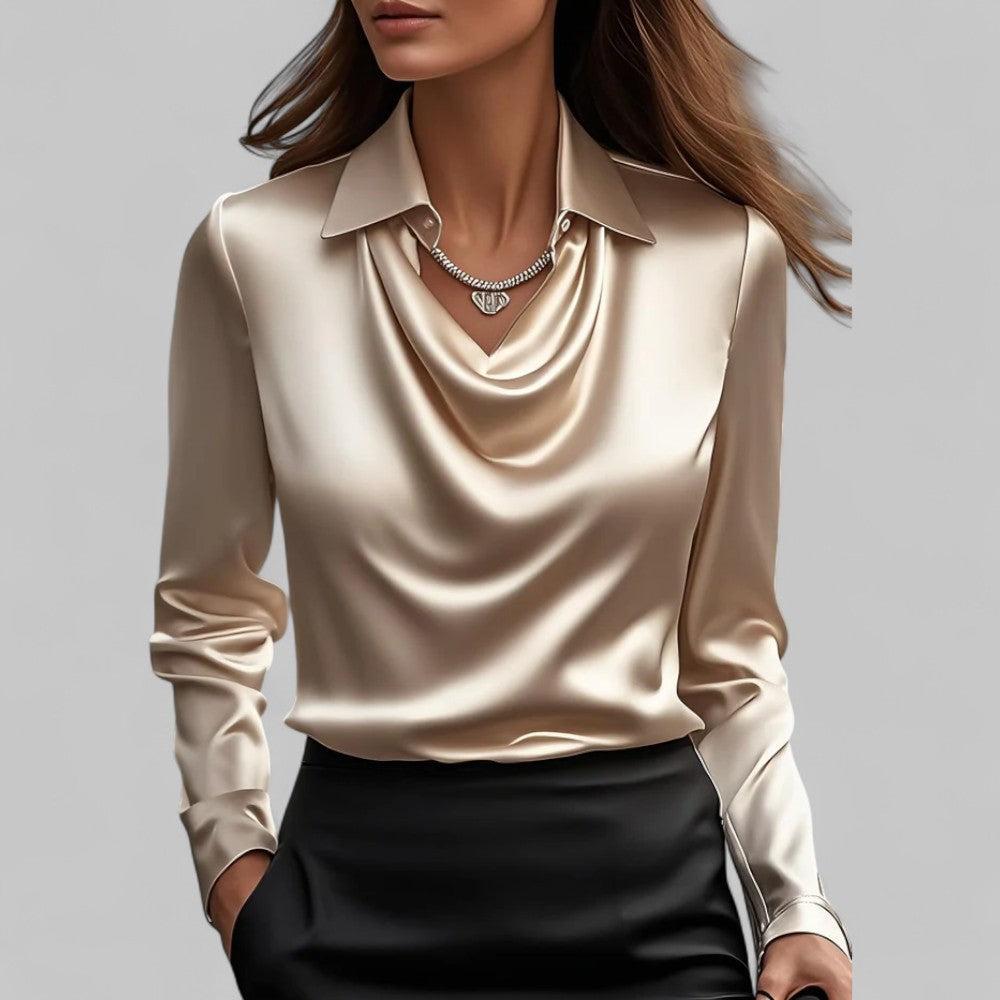 Women's Draped Neck Long Sleeve Satin Blouse-Metro Lane Plaza