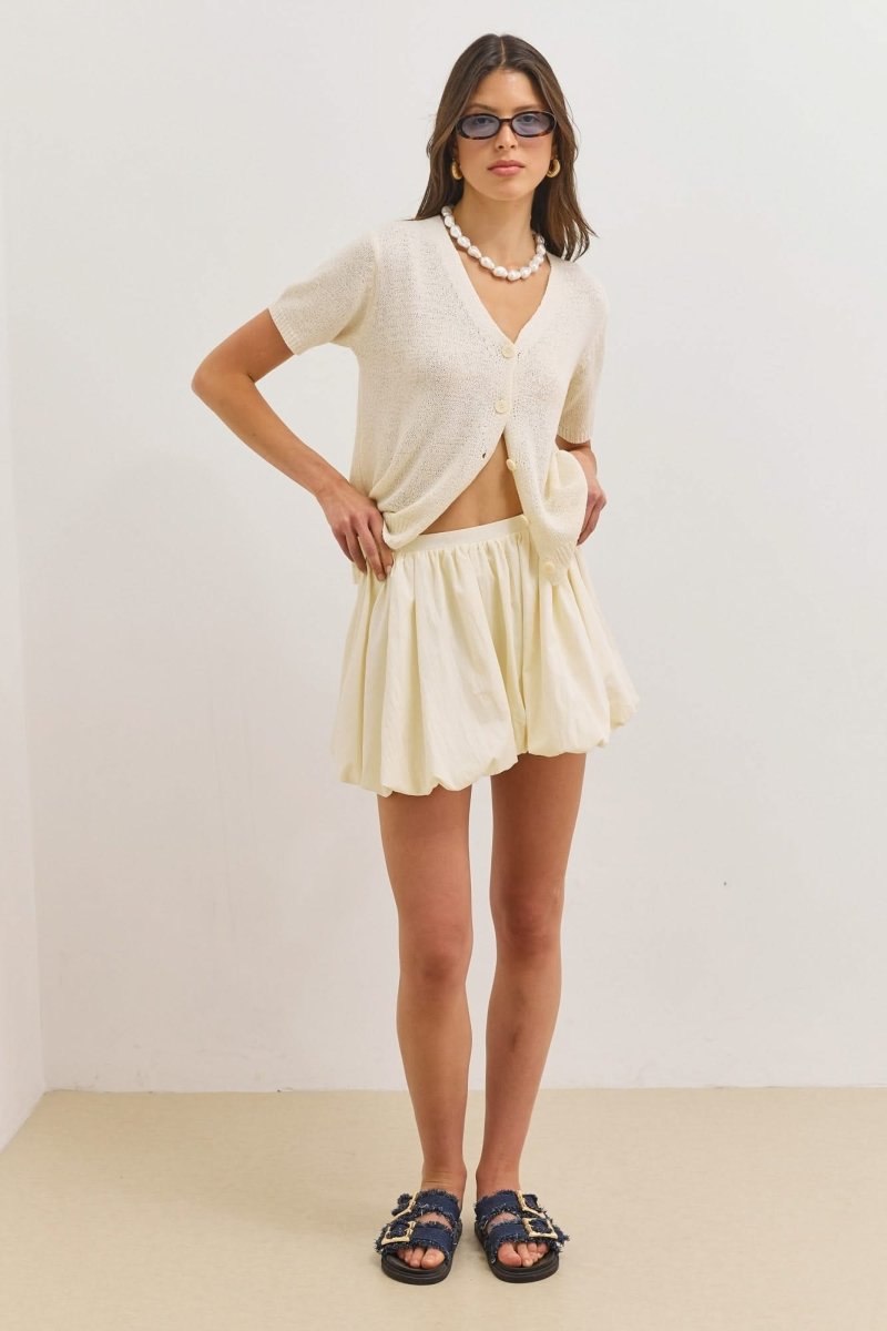 Women's Short V-Neck Textured Knit Cardigan Sweater