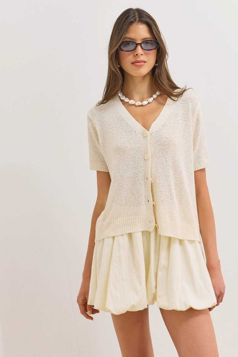 Women's Short V-Neck Textured Knit Cardigan Sweater