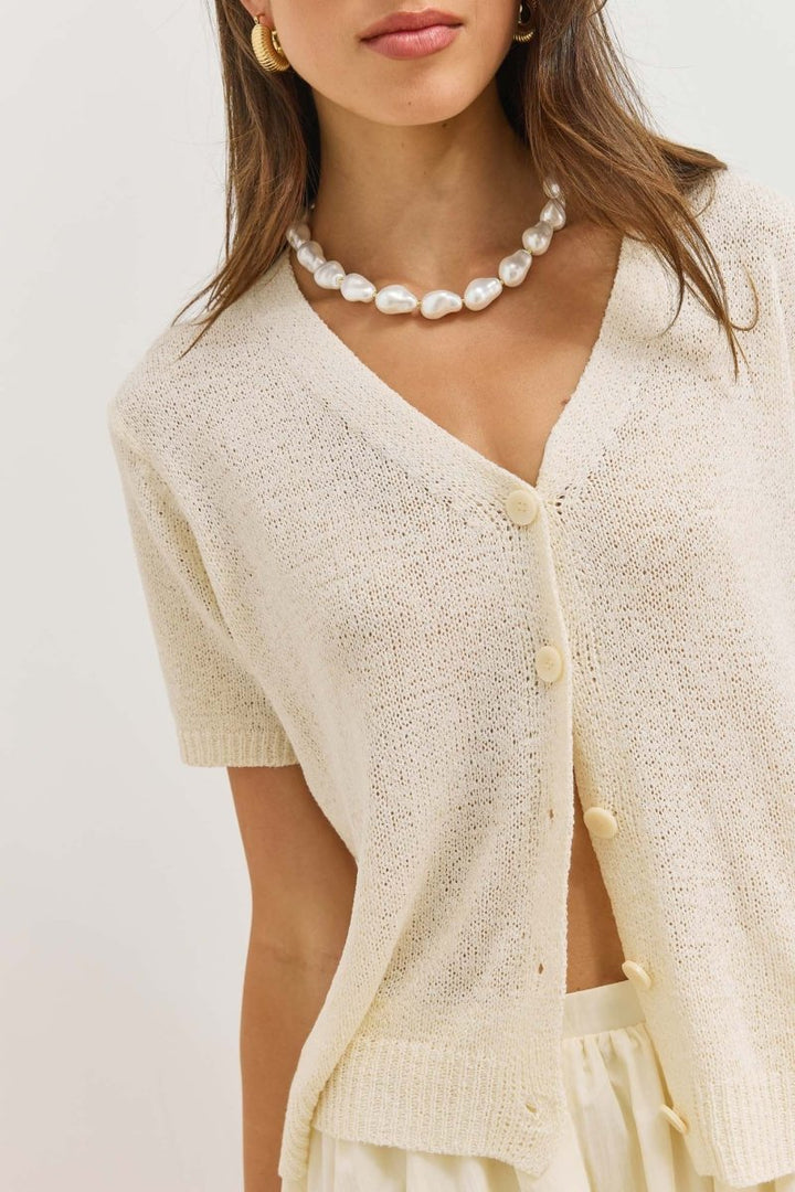 Women's Short V-Neck Textured Knit Cardigan Sweater