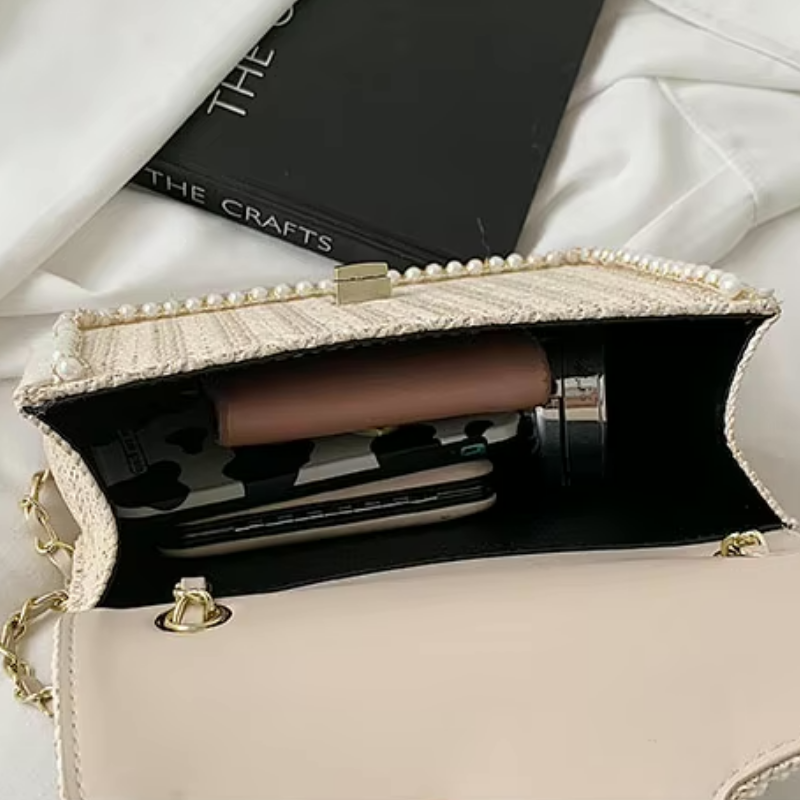 Madelaine | Women's Woven Handbag with Pearl Accents-Metro Lane Plaza