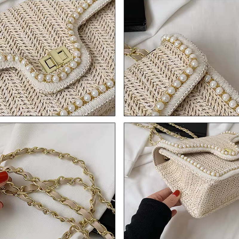 Madelaine | Women's Woven Handbag with Pearl Accents-Metro Lane Plaza