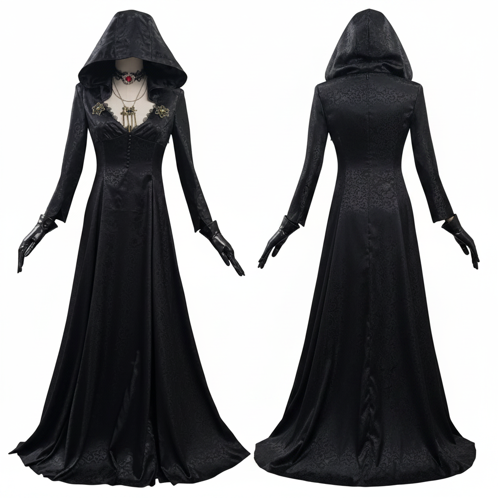 Vampyr-cosplaykostume til kvinder med jacquardfrakke og lang kjole