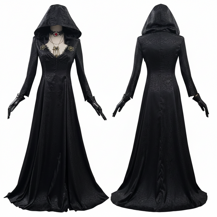 Vampyr-cosplaykostume til kvinder med jacquardfrakke og lang kjole