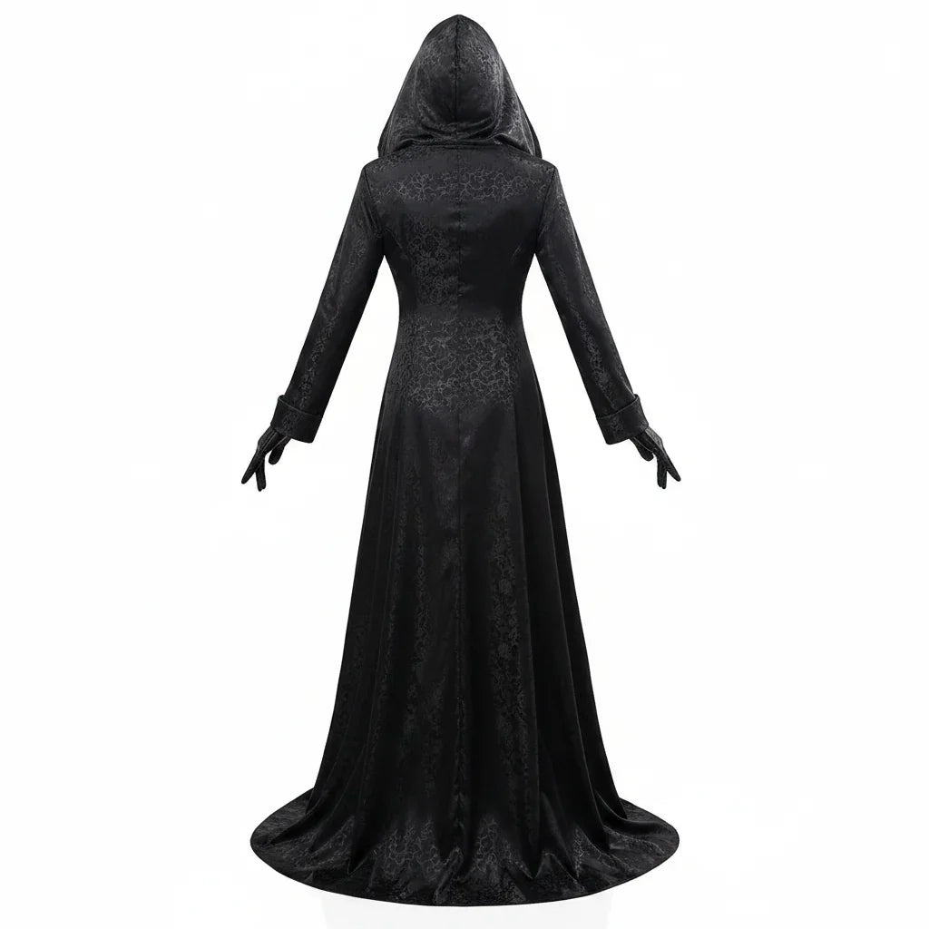 Vampyr-cosplaykostume til kvinder med jacquardfrakke og lang kjole