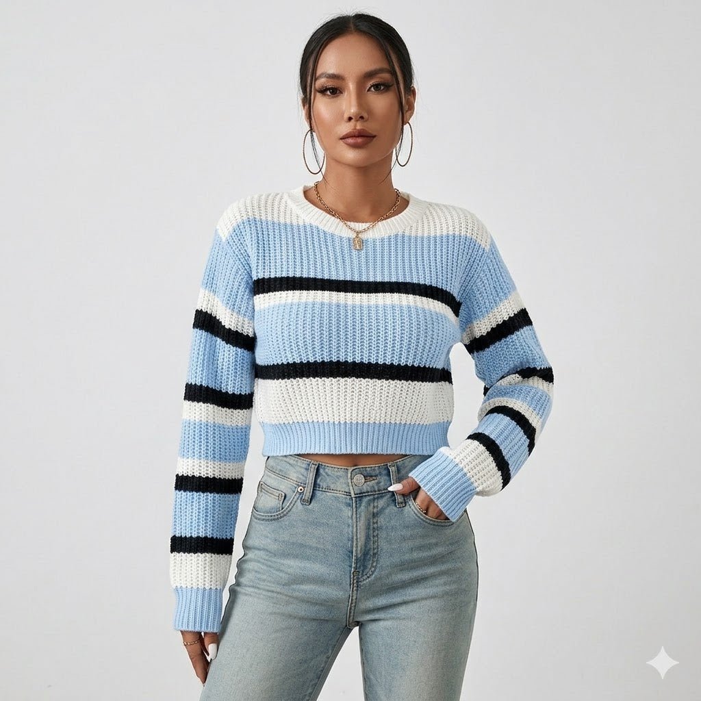 Gestreifter kurzer Damenstrickpullover