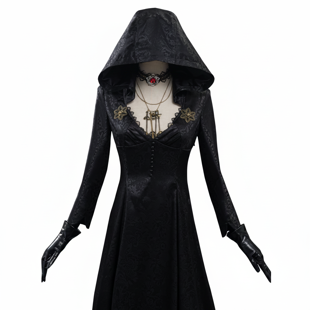 Vampyr-cosplaykostume til kvinder med jacquardfrakke og lang kjole