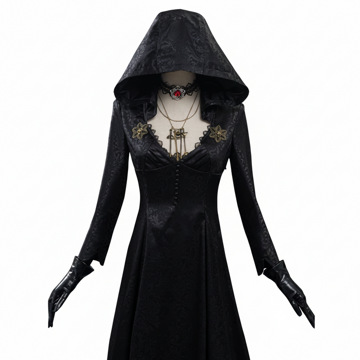 Vampyr-cosplaykostume til kvinder med jacquardfrakke og lang kjole