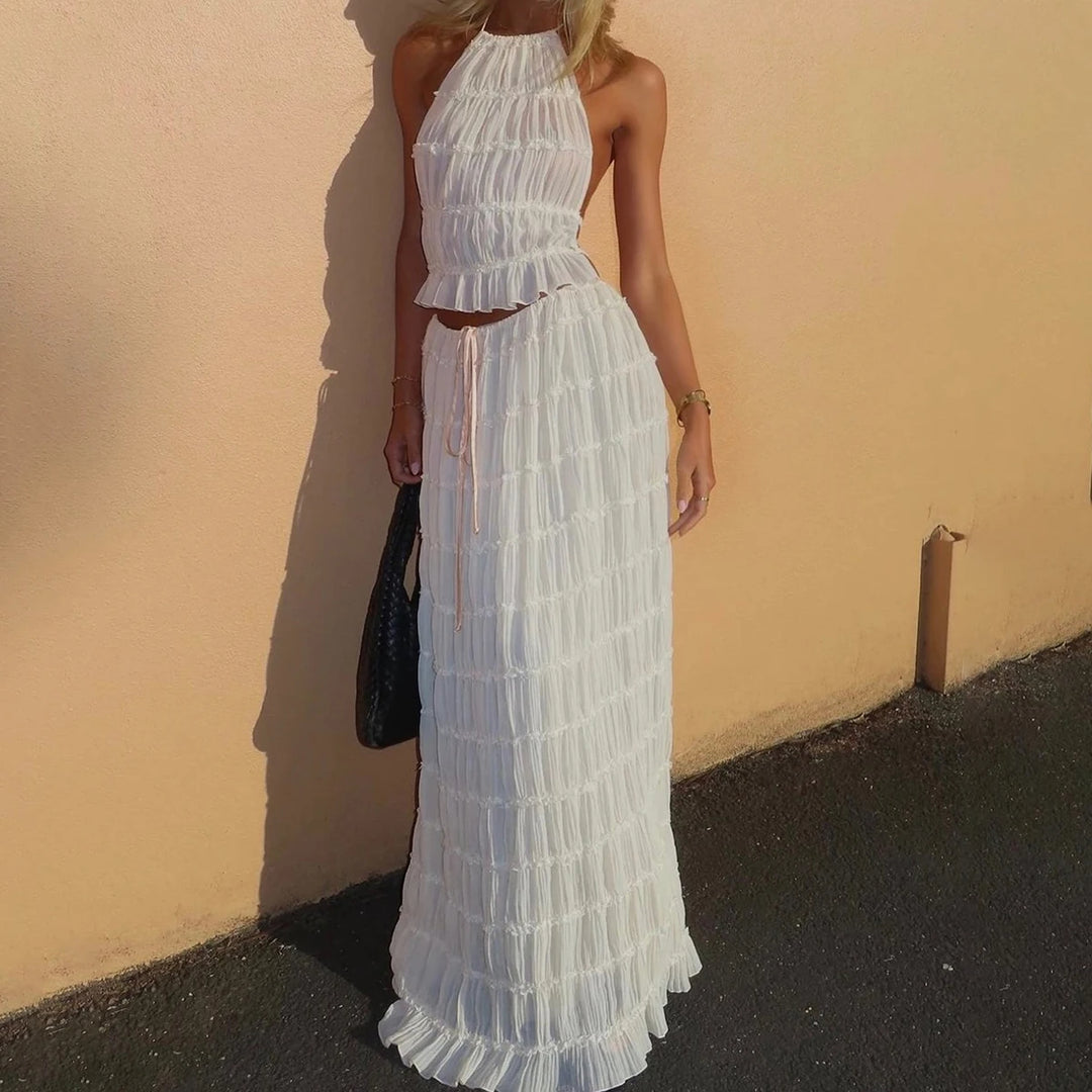 Sophia | Women's 2pcs Dress Suit with Sleeveless Halter Top and Skirt-Metro Lane Plaza