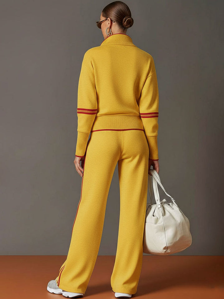 Women's Retro Sporty Set with Half-Zip Sweater and Wide Leg Pants-Metro Lane Plaza