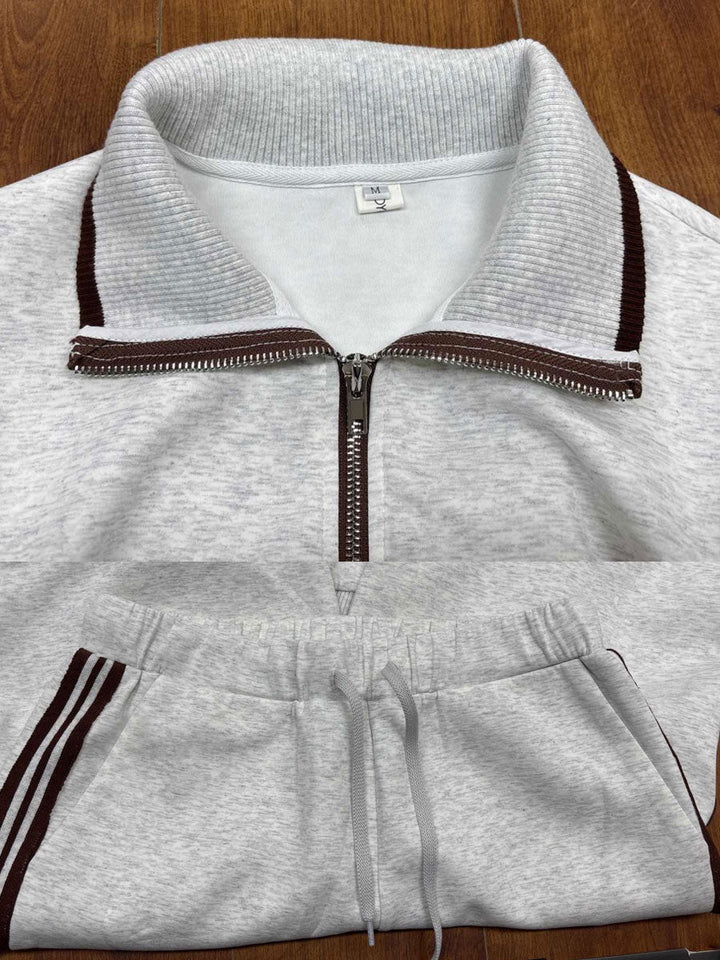 Women's Retro Sporty Set with Half-Zip Sweater and Wide Leg Pants-Metro Lane Plaza