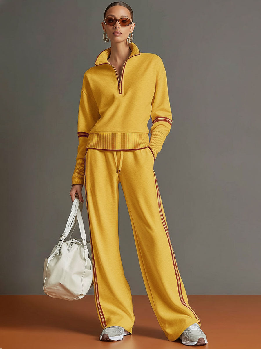 Women's Retro Sporty Set with Half-Zip Sweater and Wide Leg Pants-Metro Lane Plaza