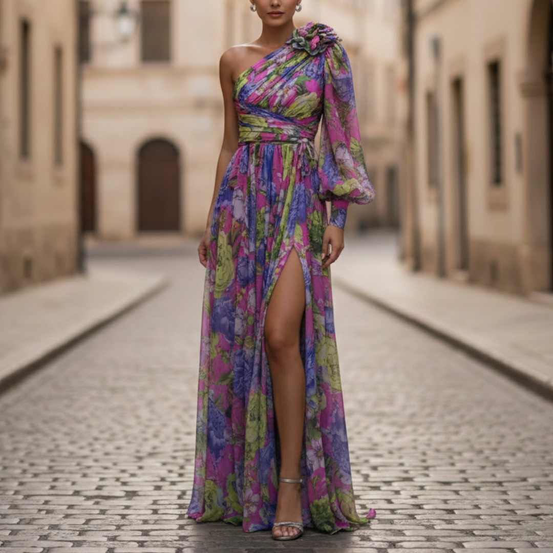 Connie | Women's One Shoulder Floral Print Maxi Dress-Metro Lane Plaza
