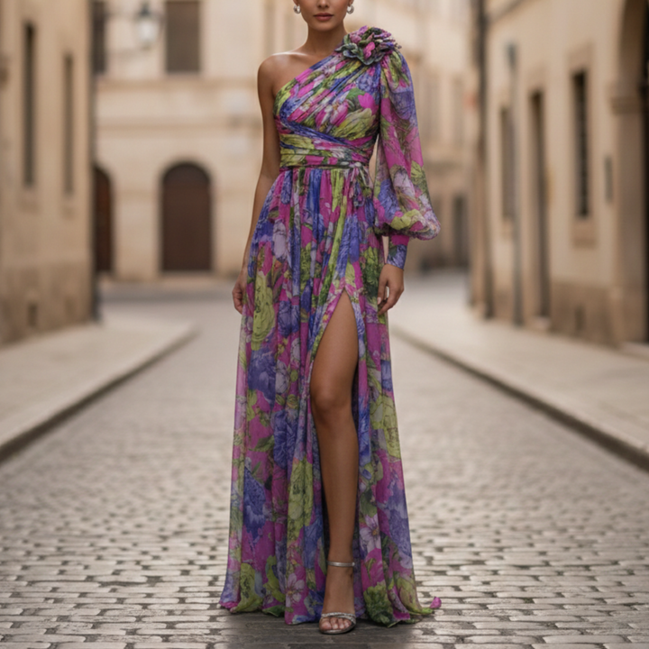 Connie | Women's One Shoulder Floral Print Maxi Dress-Metro Lane Plaza