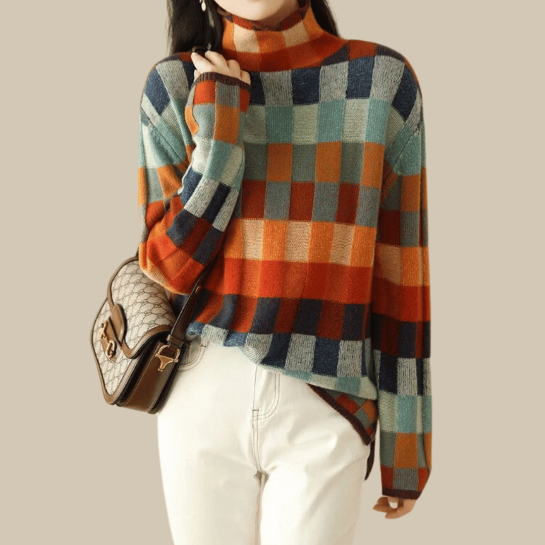 Women's Stylish Turtleneck Sweater with Unique Patchwork Design-Metro Lane Plaza