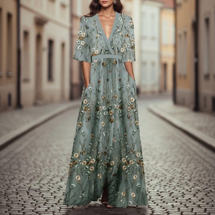 Haven | Women's Floral Maxi Dress, V-Neck, A-Line Style-Metro Lane Plaza