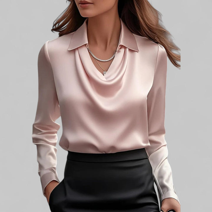 Women's Draped Neck Long Sleeve Satin Blouse-Metro Lane Plaza