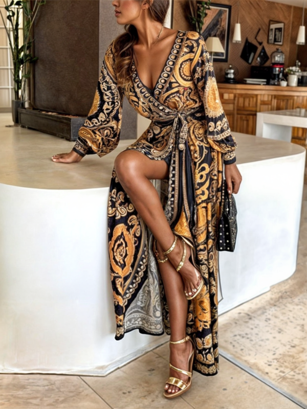 Women's Elegant Bohemian Maxi Dress with Gold Print and High Slit-Metro Lane Plaza