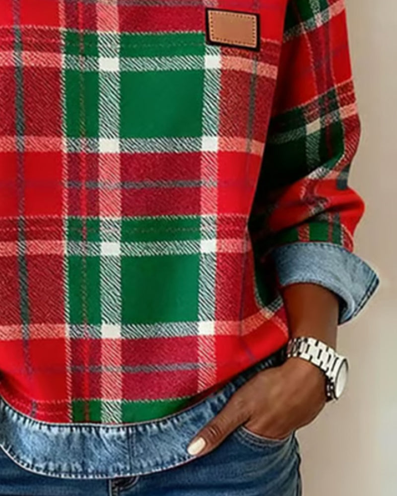 Weiches Damen-Sweatshirt aus Baumwollmischung mit Karomuster und Patchwork
