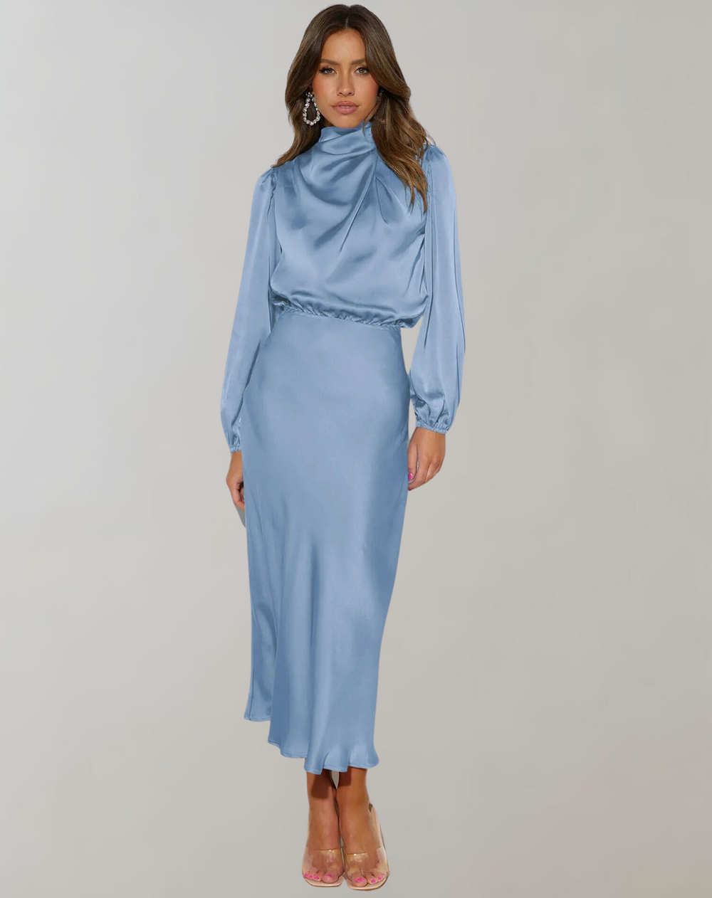 Women's Elegant Long Sleeve Satin Dress-Metro Lane Plaza