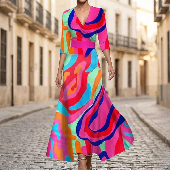 Emily | Women's Maxi Dress, Printed V-Neck Style-Metro Lane Plaza