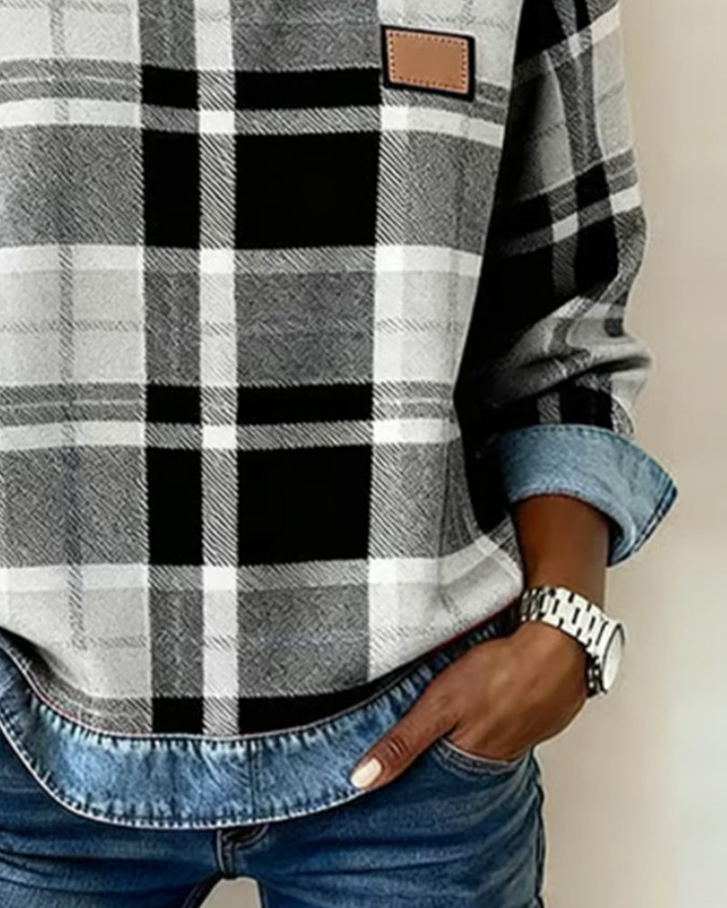 Weiches Damen-Sweatshirt aus Baumwollmischung mit Karomuster und Patchwork