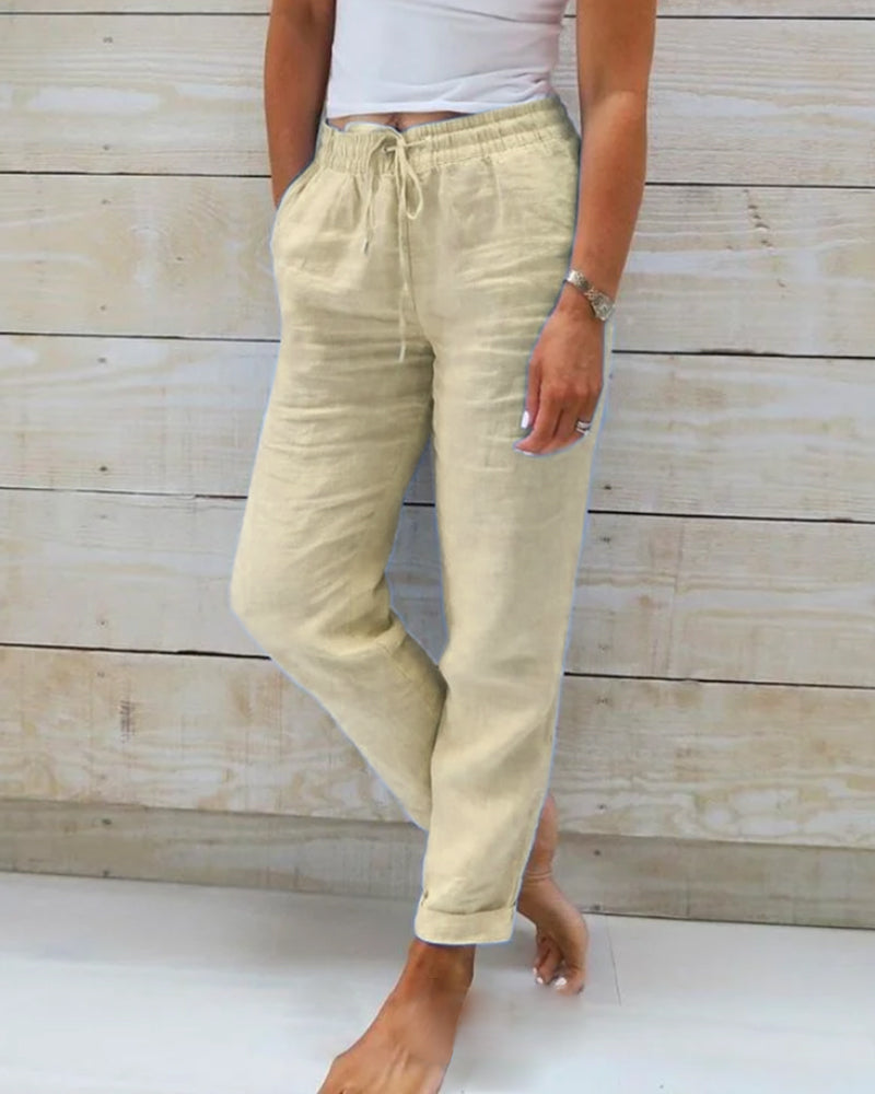 Aria | Women's Cotton-Linen Pants with Elastic Waistband-Metro Lane Plaza
