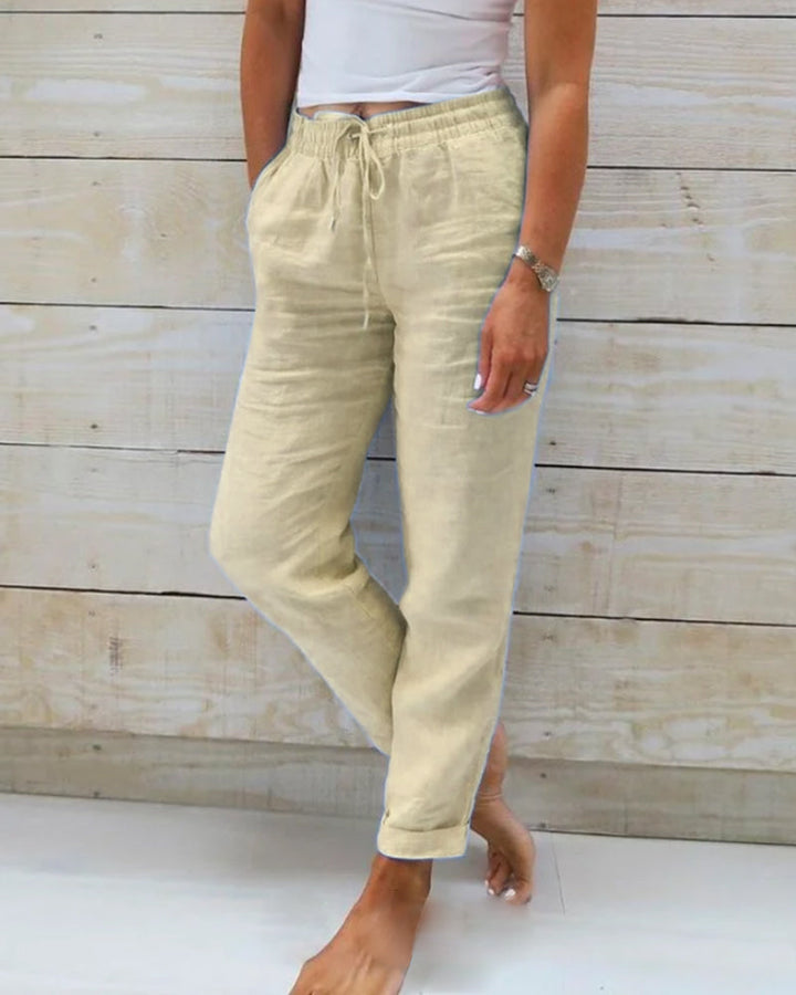 Aria | Women's Cotton-Linen Pants with Elastic Waistband-Metro Lane Plaza