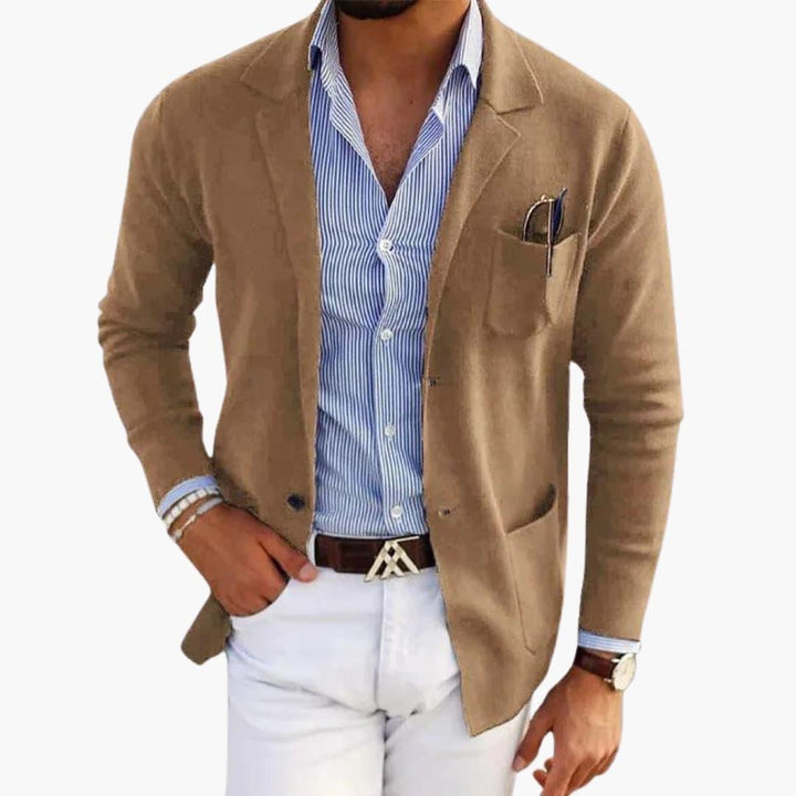 Men's Knit Blazer with Lapel Collar and Button Closure