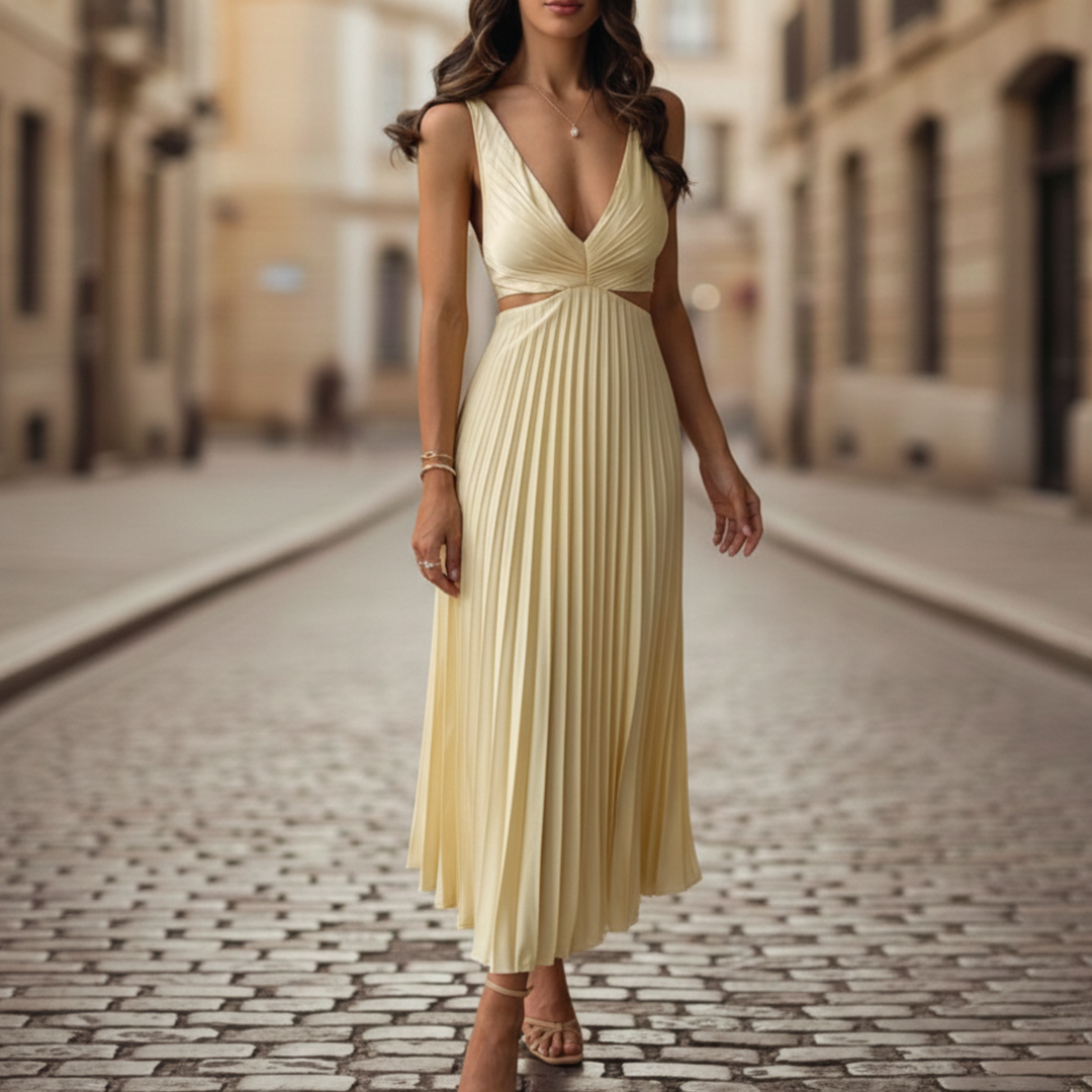 Emily | Women's Pleated V Neck Sleeveless Maxi Dress-Metro Lane Plaza