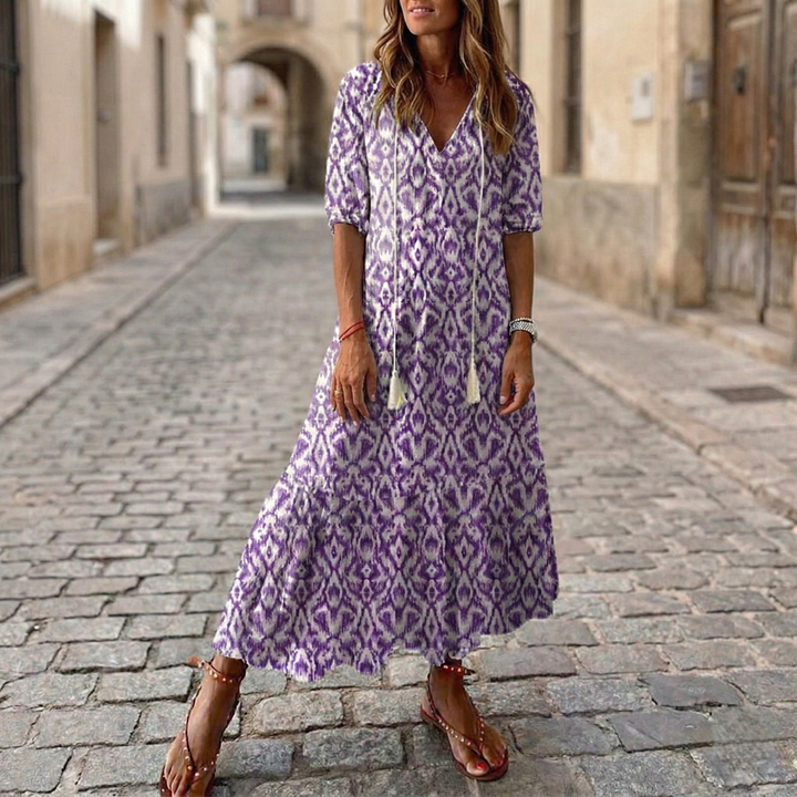 Kelli | Women's Maxi Dress, Printed, V-Neck, Half Sleeve-Metro Lane Plaza