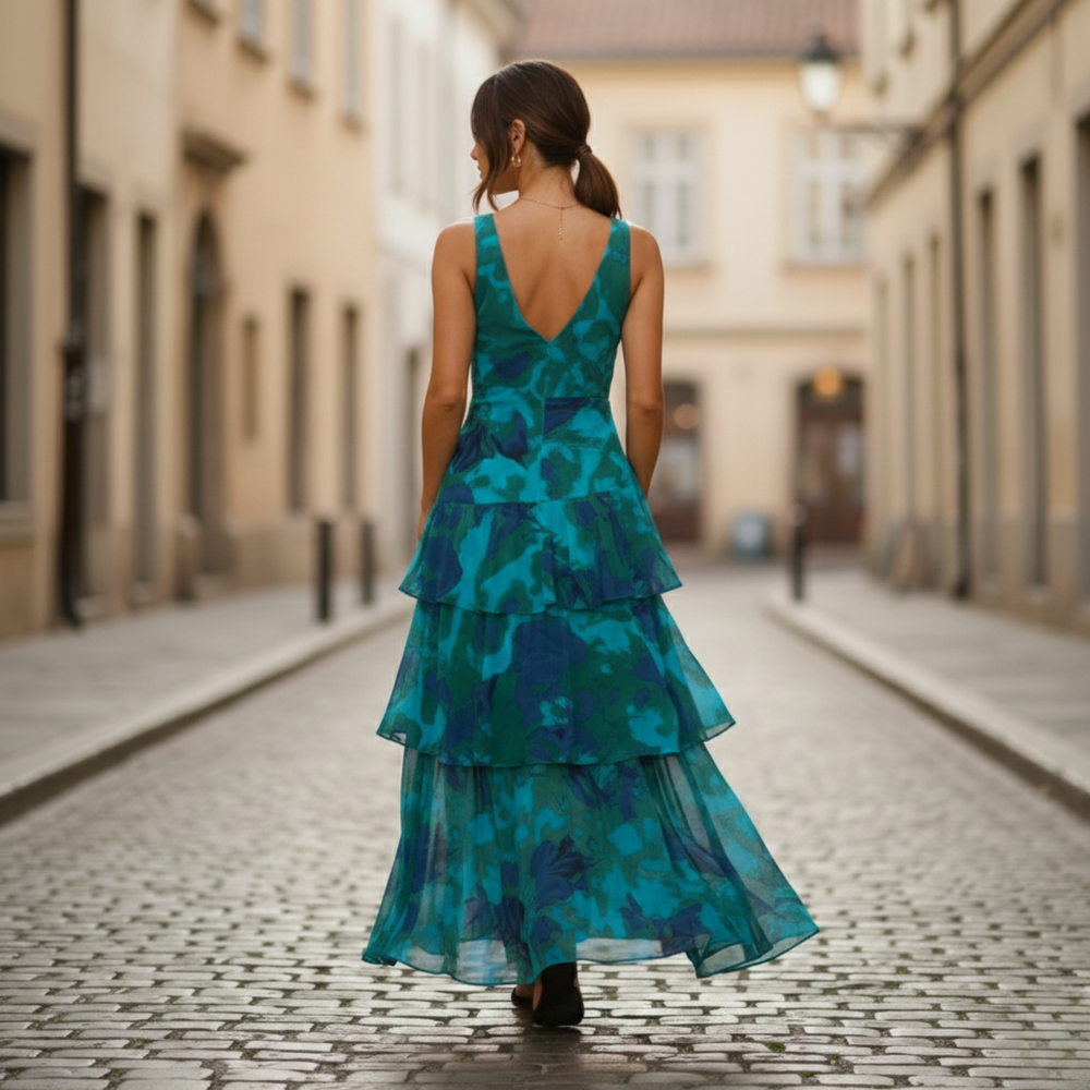 Celina | Women's Maxi Dress, Tiered, V Neck, Sleeveless-Metro Lane Plaza