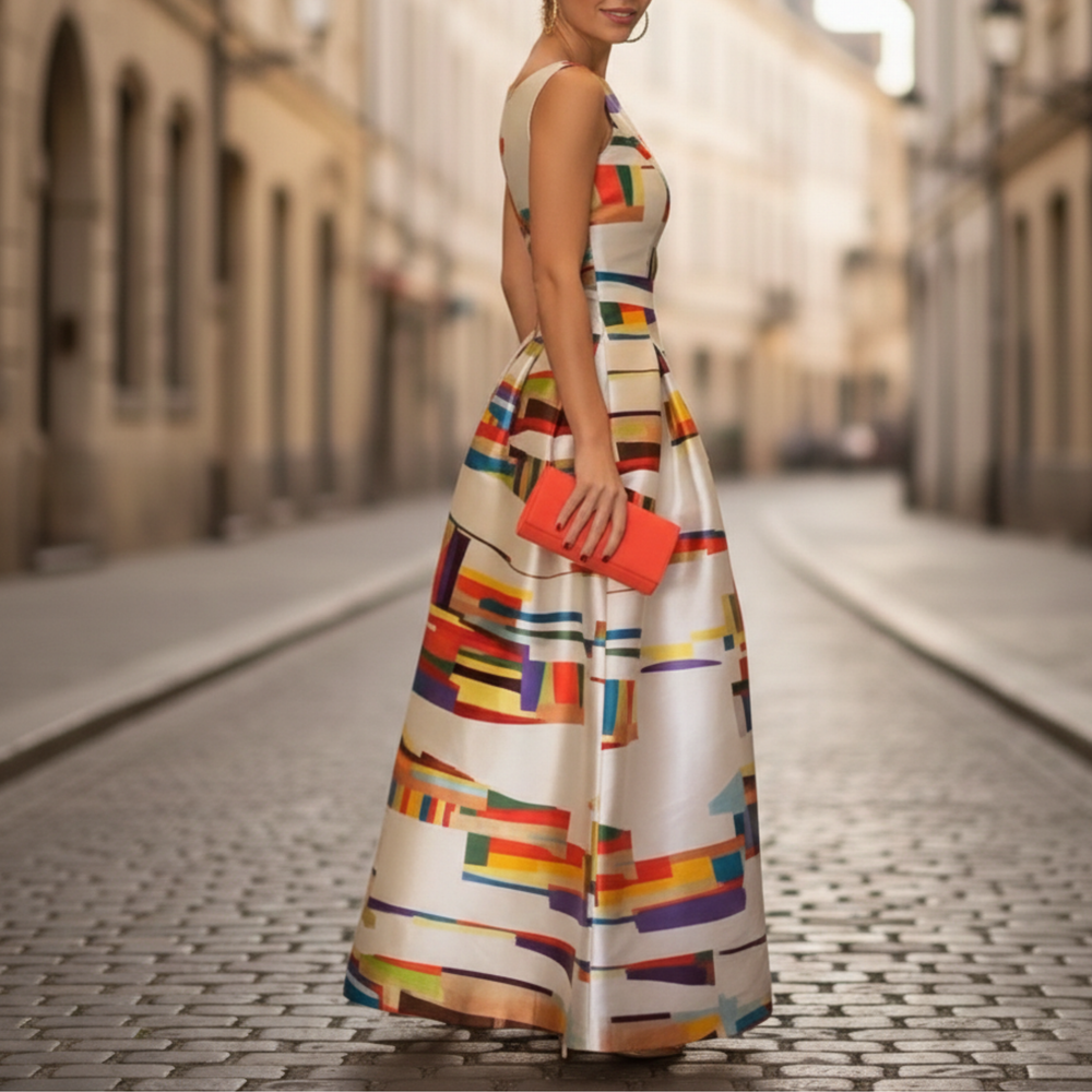 Isabel | Women's Sleeveless A-Line Printed Maxi Dress-Metro Lane Plaza