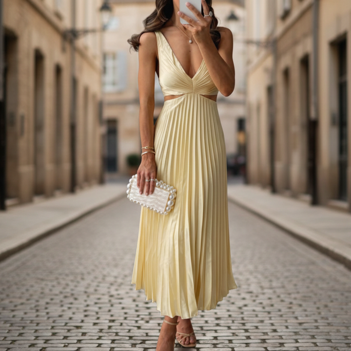 Jennifer | Women's Pleated V Neck Sleeveless Maxi Dress-Metro Lane Plaza