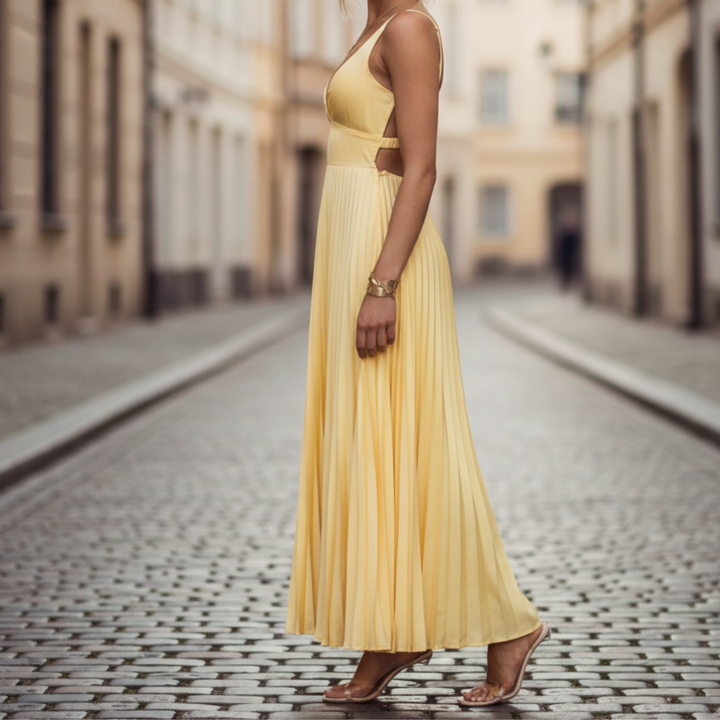 Amy | Women's Maxi Dress - Pleated Sleeveless Design-Metro Lane Plaza
