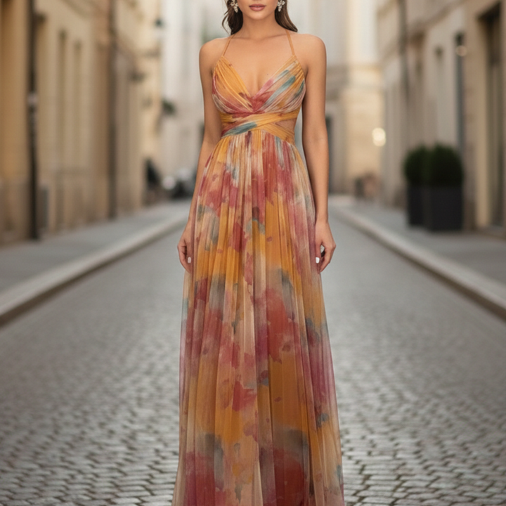 Gail | Women's Maxi Dress, Spaghetti Strap, V Neck, Printed Design-Metro Lane Plaza