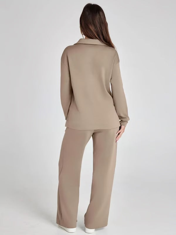Women's V-Neck Sweater and Wide Pants Two-Piece Set for Fall & Winter-Metro Lane Plaza