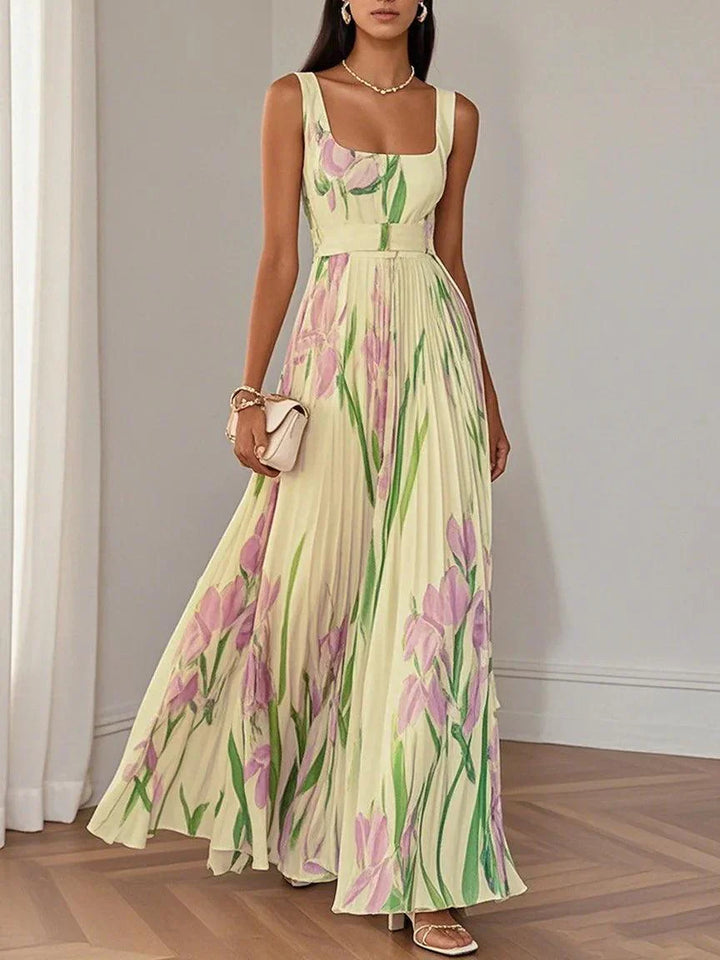 Anastasia | Women's White Floral Pleated Maxi Dress-Metro Lane Plaza