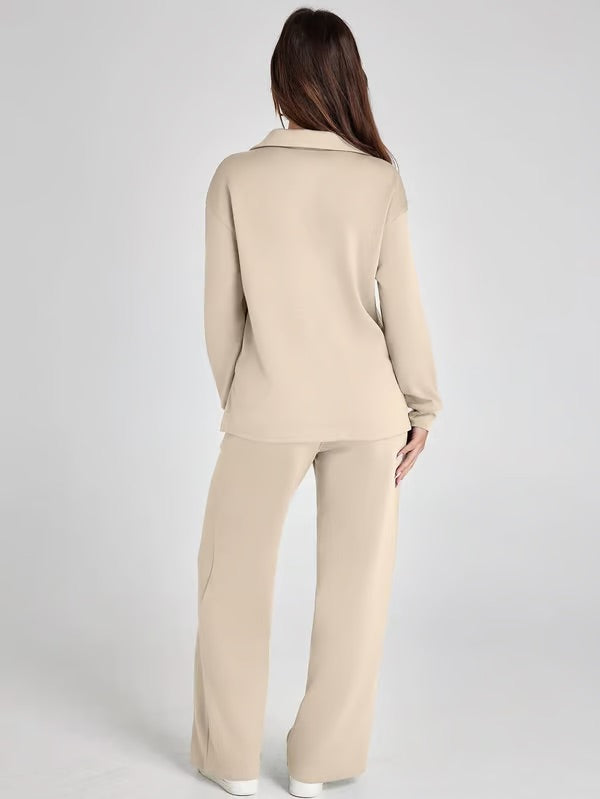 Women's V-Neck Sweater and Wide Pants Two-Piece Set for Fall & Winter-Metro Lane Plaza