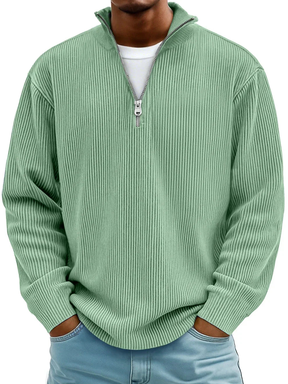 Pull en maille côtelée à manches longues, demi-fermeture zippée, pour homme