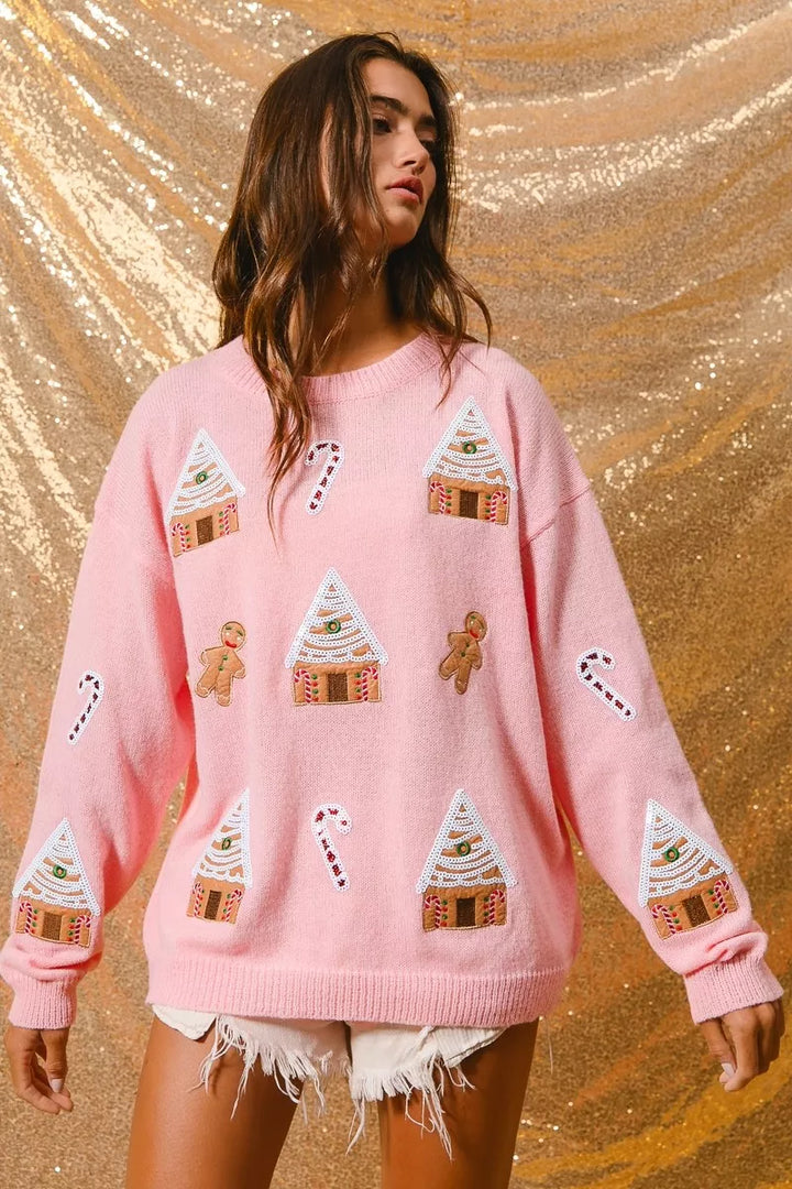 Camisola de gola redonda de inverno com tema natalício para senhora