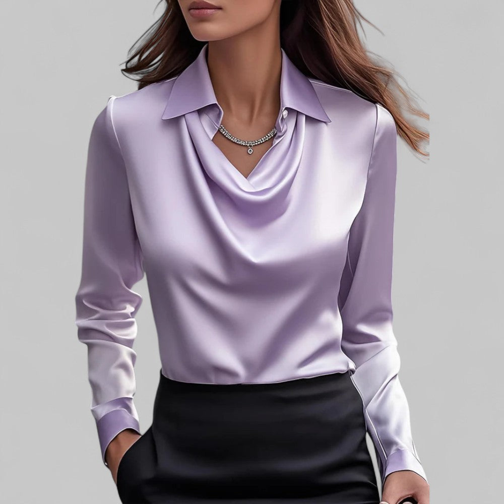 Women's Draped Neck Long Sleeve Satin Blouse-Metro Lane Plaza