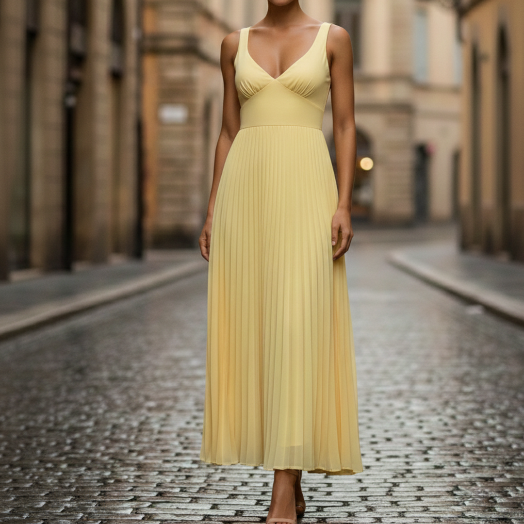 Amy | Women's Maxi Dress - Pleated Sleeveless Design-Metro Lane Plaza
