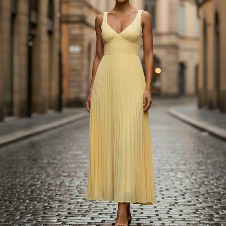 Amy | Women's Maxi Dress - Pleated Sleeveless Design-Metro Lane Plaza