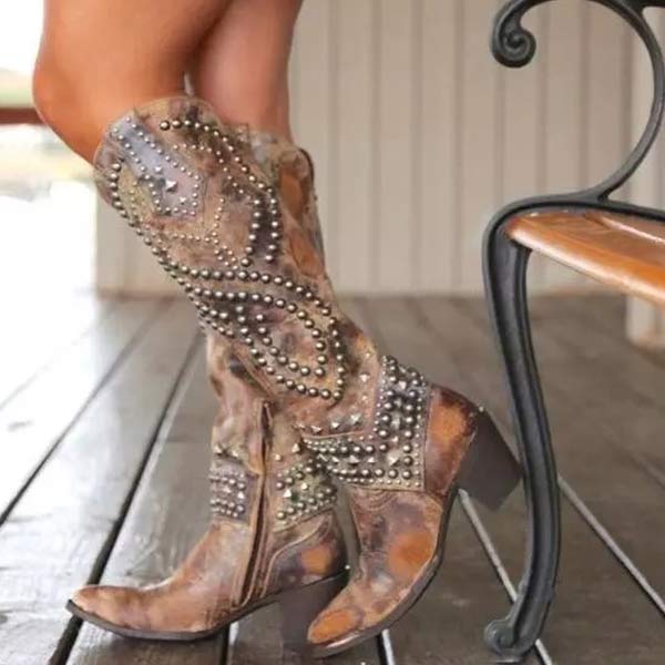 Women's Edgy High Boots – Distressed Faux Leather – Rivet Detail