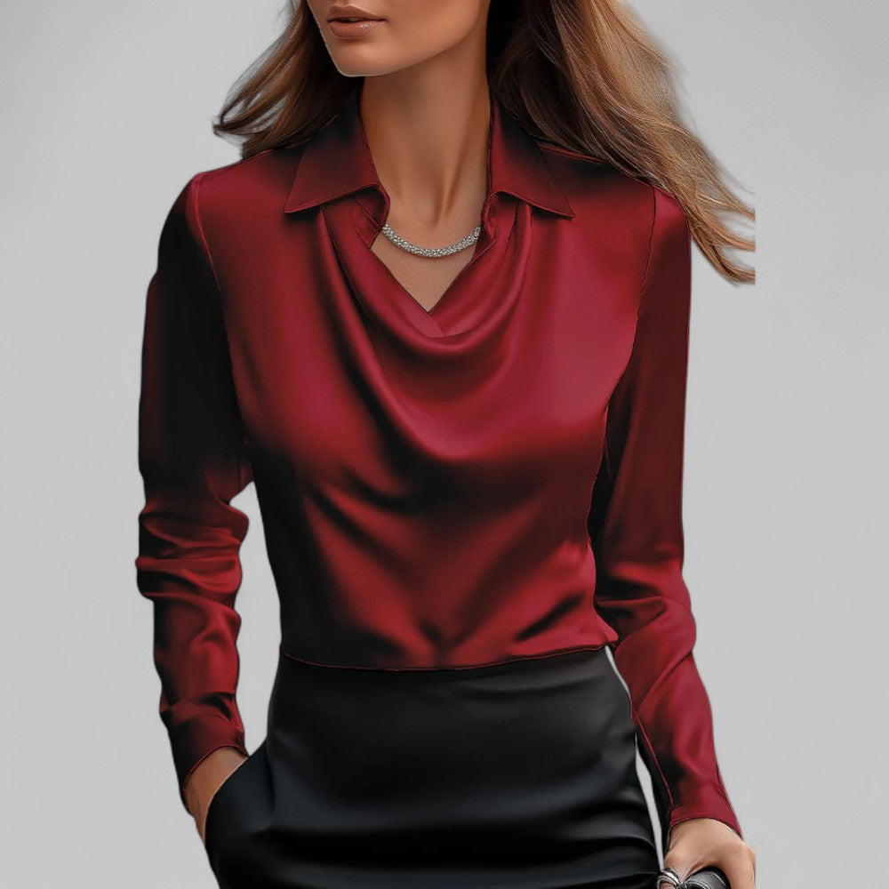 Women's Draped Neck Long Sleeve Satin Blouse-Metro Lane Plaza