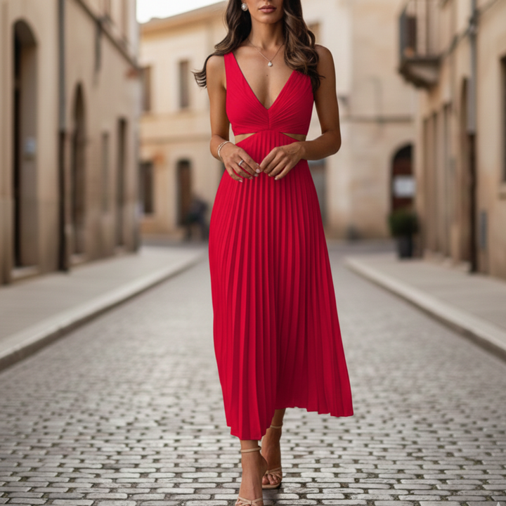 Emily | Women's Pleated V Neck Sleeveless Maxi Dress-Metro Lane Plaza