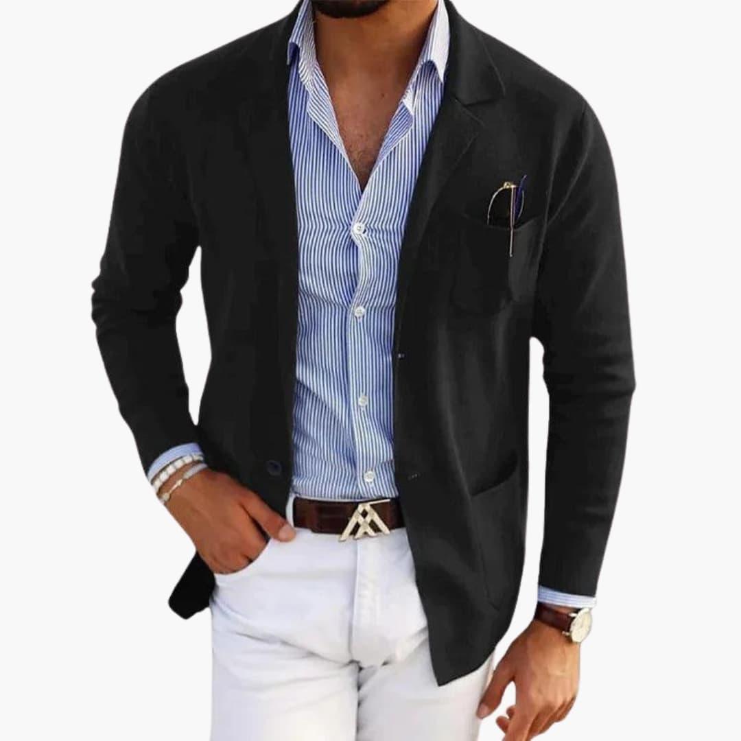 Men's Knit Blazer with Lapel Collar and Button Closure