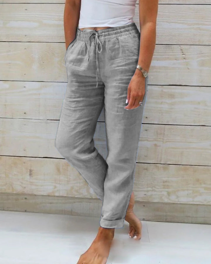Aria | Women's Cotton-Linen Pants with Elastic Waistband-Metro Lane Plaza
